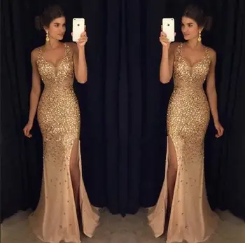 Naujas Aukso Prom Dresses 2019 Apynasrio kaklo, Rankovių Undinė Grindų Ilgis Blizgučiais Tiulio Vakaro Suknelės Vestido longo