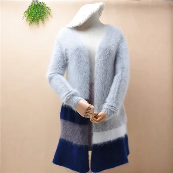Moterų moterų pūkuotas pūkuotas mink kašmyras ilgomis rankovėmis spalvos prarasti susagstomi megztiniai angoros triušių kailių žiemos striukė, megztinis kailis traukti