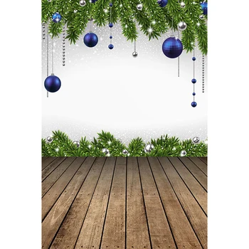 Kalėdų Fotografijos Backdrops Spausdinti Mėlyna Mėlyna Kamuoliukus Žalia Pušies Medžio Lapų Snaigės Vaikai Nuotrauka Fone, Medinės Grindys
