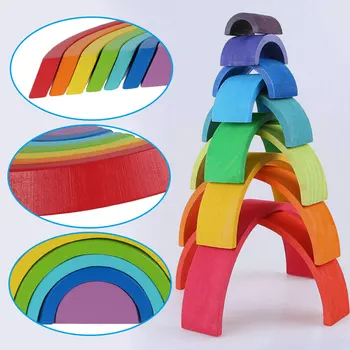 7pcs Vaivorykštė Blokų, Mediniai Žaislai Vaikams Blokai Montessori Arch Bridge Didelis Medienos Surinkti Blokuoti Kūdikių Švietimo Žaislas