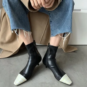MoonMeek 2020 Moterų batai, natūralios odos batai med kulniukai aikštėje kojų maišyti spalvas, ponios batai, batai juoda balta