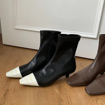 MoonMeek 2020 Moterų batai, natūralios odos batai med kulniukai aikštėje kojų maišyti spalvas, ponios batai, batai juoda balta