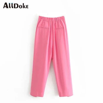 ALLDOKE pink casual aukšto liemens kelnės moterims vasaros dvigubos kišenės ponios office kelnių užtrauktuką mygtuką pločio kojų kelnės femme