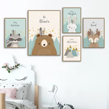 Drobė, Tapyba Gyvūnų Plakatai Animacinių Filmų Bear Rabbit Fox Elnias Darželio Sienos Paveiksl Decorativos Namų Dekoro
