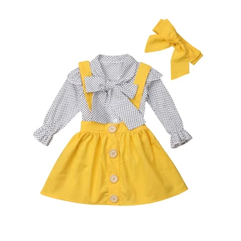 Pavasarį, Rudenį Bamblys Vaikams Baby Girl Drabužius ilgomis Rankovėmis Bowknot Straped Dot T-shirt Viršūnes+Suspender Sijonas+Lankelis 6M-5T