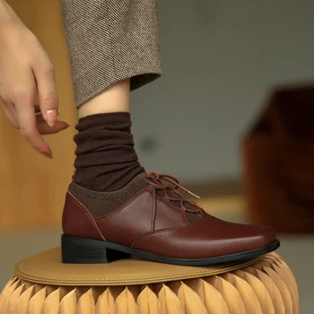 2020 m. pavasarį ir rudenį oda, storas kulnas aikštėje galvos nėriniai batai retro kolegija stiliaus megzti mažo kulno mažas odos batai, X250