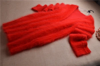 Moterų moterų vidutinio ilgio kalėdų raudona žiemos pliušinis mink susagstomi megztiniai iš kašmyro angoros triušio kailio laisvas megztinis kailis striukė viršūnės