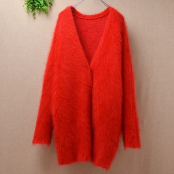 Moterų moterų vidutinio ilgio kalėdų raudona žiemos pliušinis mink susagstomi megztiniai iš kašmyro angoros triušio kailio laisvas megztinis kailis striukė viršūnės
