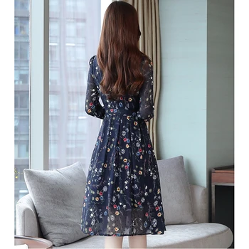 Rudens Ir Pavasario Gėlių Spausdinti Pasakų Boho Mėlyna Suknelė Moterų Midi Elegantiškas Šalis Lady Suknelė Vintage Ilgomis Rankovėmis Korėjos Kilimo Ir Tūpimo Tako Vestidos