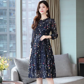 Rudens Ir Pavasario Gėlių Spausdinti Pasakų Boho Mėlyna Suknelė Moterų Midi Elegantiškas Šalis Lady Suknelė Vintage Ilgomis Rankovėmis Korėjos Kilimo Ir Tūpimo Tako Vestidos