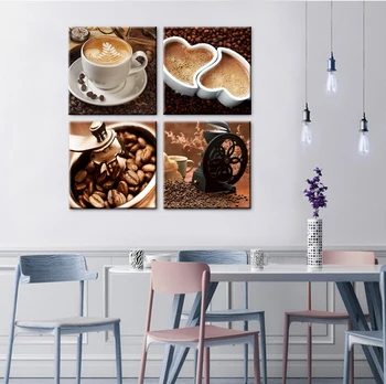 JHLJIAJUN 4 Skydelis Drobės Tapybos kavos pupelės tapti kavos gėrimo akmens sienos, namo apdailos frameless kūrinys suaugusiesiems dovanų