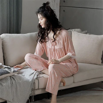 Mamytė pižama nustatyti ponios vasaros 2020 naujas medvilnės korėjos versija namuose paslaugų spausdinti seksualus naktiniai drabužiai nustatyti pijamas moterims