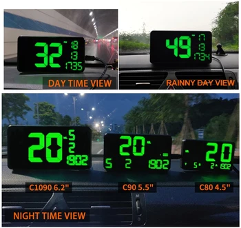 C1090 Automobilių HUD Head Up Display GPS, Didelis Ekranas, Spidometras Hud Ekranas KM/h, MPH Ekranas Automatinis Elektroninių Įtampos Signalas