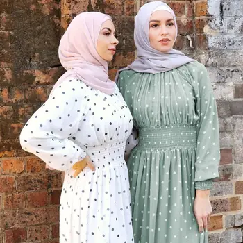 Musulmonų Moterys Ilgomis Rankovėmis Polka Dot Šifono Maxi Suknelė Arabų Islamo Skraiste Kaftan