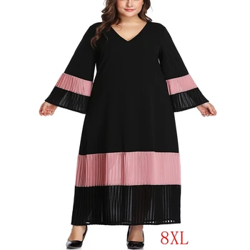 Rudenį plius dydis suknelė 4XL-8XL krūtinė 138CM plius dydis moterų V-kaklo, ilgomis rankovėmis kontrasto spalvų atitikimo plisuotos susiuvimo suknelė