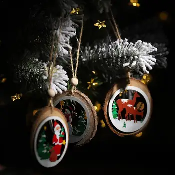 Naujųjų Metų Natūralios Medienos Kalėdų Eglutės Ornamentu Medinis Apvalus Išpjovą Modelis Kabo Pakabučiai Dovanos Sniego Briedžių Kalėdų Decora
