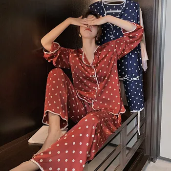 Pavasarį, Vasarą, Šilkiniai Moterų Sleepwear 2VNT Pižama Nustatyti Atsitiktinis Palaidų naktiniai drabužiai ilgomis Rankovėmis Satino Marškinėliai&ziajać Miego Rinkinys Sexy Homewear