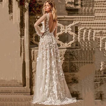 Ilgas Rankovėmis ir Nėrinių Appliques-Line Vestuvių Suknelės 3D Gėlės Seksualus Backless Tiulio Vestuvinės Suknelės Pavasario Vestidos De Mariage