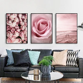 Pink Gėlių Paplūdimio Skandinavijos Kraštovaizdžio Drobė Menas, Plakatų ir grafikos Sienos Meno Nuotrauką Kambarį Šiaurės Apdaila Namo