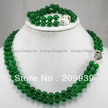 Fine jewelry 8mm Green Jade Juvelyrika 2Rows Karoliai, Apyrankės Rinkinys, Sidabro Užsegimas