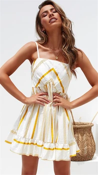 Naujas Atvykimo Moterų Atsitiktinis Suknelė Be Rankovių Dryžuota Moteriška Vasaros Spageti Dirželis Klubas Šalies Paplūdimys Trumpa Mini Suknelė