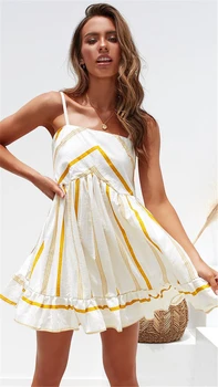 Naujas Atvykimo Moterų Atsitiktinis Suknelė Be Rankovių Dryžuota Moteriška Vasaros Spageti Dirželis Klubas Šalies Paplūdimys Trumpa Mini Suknelė