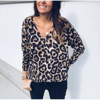 Moterų Rudenį, Pavasarį Long Sleeve T-Shirt Prarasti Tee Viršūnes Leopardas Spausdinti marškinėliai Mados Seksualus Giliai V-kaklo, Mada, T-marškinėliai