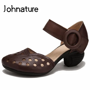 Johnature 2020 Naujas Vasaros Natūralios Odos Retro Hook & Loop Atsitiktinis Siuvimo Keista Stiliaus Sandalai Med Tuščiaviduriai Romos Moterų Batai