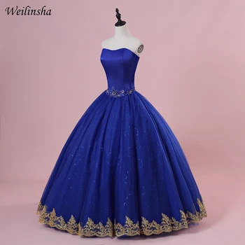 Weilinsha Žavinga Royal Blue Quinceanera Suknelės su Aukso Appliques Grindų Ilgis Tiulio Duobute Saldus 15 Suknelė