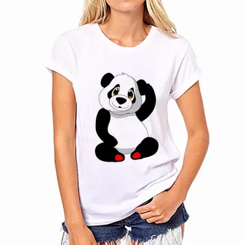 Moterų marškinėliai O-kaklo Atsitiktinis Plonas Viršūnės Vasarą trumpomis Rankovėmis Moteris Animacinių filmų Panda Tees Balta