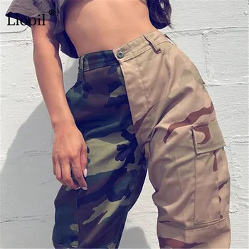 Liooil Kratinys Kamufliažas Aukšto Juosmens Krovinių Kelnės Su Kišenėmis 2021 Streetwear Moterų Nuosėdos Spalvos Bloką Kelnės Kelnės Sexy