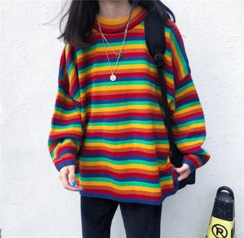 Rudenį ir žiemą korėjos versija prarasti vaivorykštė dryžuotas ilgomis rankovėmis megztinis plonas moterų trumpas tingus stiliaus džemperis moterims