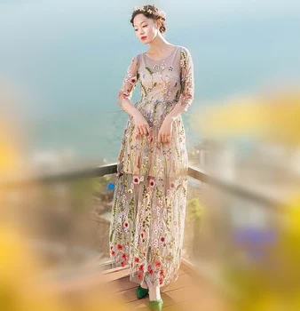 2020 metų Vasaros Mados kilimo ir tūpimo Tako Maxi Suknelė Moterims, elegantiškas 3/4 Rankovės Tiulio Tinklelio ir Gėlių Gėlių Siuvinėjimas Derliaus Beach party suknelės