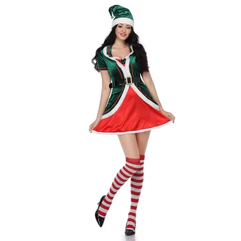 Naujas Atvykimo Mini Kalėdinė Suknelė Rinkiniai Fashional Raudona Žalia Suknelė su Skrybėle Juosmens Grandinės