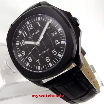 Aikštėje 40mm Bliger black dial data juoda PVD atveju, safyro stiklas, automatinis judėjimo mens watch