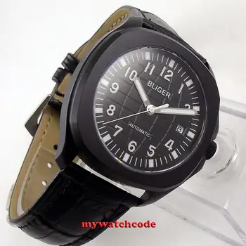 Aikštėje 40mm Bliger black dial data juoda PVD atveju, safyro stiklas, automatinis judėjimo mens watch