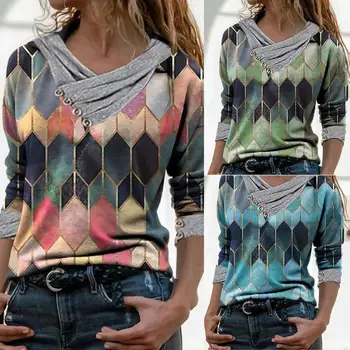 Geometrinis Marškinėliai Spausdinami V-Kaklo Palaidinė ilgomis Rankovėmis Megztinis Moterims