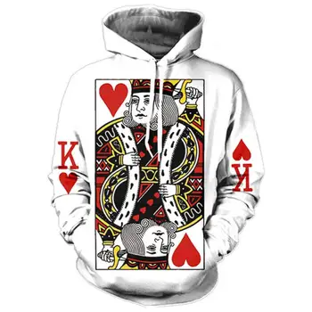 Širdies Kortelių Vyrų Hoodie 3D Grafikos Spausdinimo Žaisti Pokerio Karalius Palaidinės Hip-Hop Stiliaus Gobtuvu Tracksuit Mados Megztinis