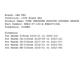 4 Gabalus Padangų Slėgio Daviklis PSSS BHA4-37-140-A BHA437140A už Mazda 6 CX-3 CX-5 CX-9 MX-5 315MHz