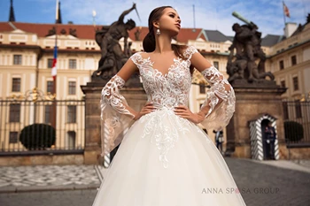 Šviesos Šampano Vestuvių Suknelė 2020 Nėrinių Appliques Iliuzija Vestido De Noiva Linijos Užsakymą Šalies Vestuvinės Suknelės Ilgomis Rankovėmis