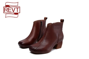 REVT Odos rankų darbo trumpas batai, 2021 m. rudenį naujų retro odiniai batai aukštakulnį viršutinis sluoksnis karvės odos batai moterims, batai juoda
