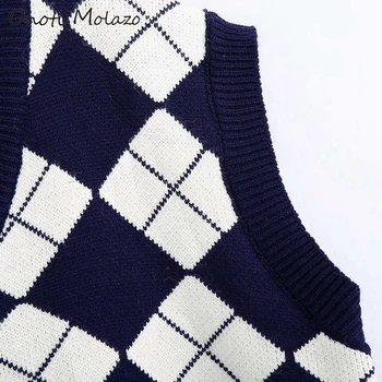 Argyle skara megztinis liemenė mados deimantų patikrinti kintted megztinis rudenį, žiemą viršūnes džemperis moterims derliaus ponios traukti megztinis