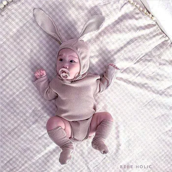 Mados Pavasario Saldus Animacinių filmų Triušio Ausis Jumpsuit Rompers kūdikių apranga, suknelė Medvilnės Drabužius naujagimiui kostiumas bamblys 3-18M
