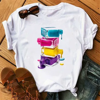 Harajuku 3D Nagų Dažų Spalvų Spausdinta Plius Dydis Viršuje Marškinėlius Moterų Grafinis Ponios T-shirt Maycaur Moterų Mados Vasaros Marškinėliai