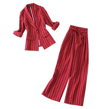 2 dalių komplektas moterų kostiumas pavasario ir vasaros naujų raudonos ir baltos spalvos juostelėmis 7 taškų rankovės mažas kostiumas + platus kojų kelnės plonas kostiumas