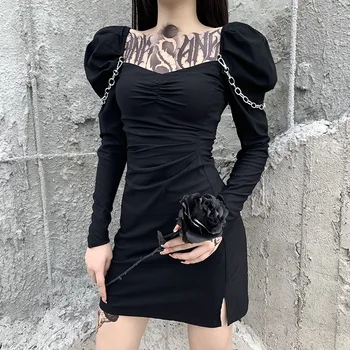 Juoda Goth Kietas Womne Mini Suknelė 2020 M. Rudenį Lady Metalo Grandinės Ilgio Sluoksniuotos rankovėmis Backless Aikštėje Apykaklės Plisuotos Gotikos Suknelės