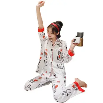 Mielas Thumbs up spausdinimas Sleepwear Kostiumas Minkštas Moterų Pižamos Šilko Dviejų dalių Rinkiniai, naktiniai drabužiai Dovanų Moterų Apatinius Homewear Pižama