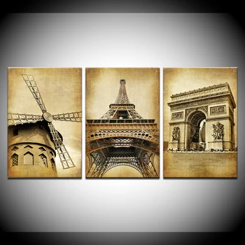 Namų Dekoras, Paveikslai 3 Skydelis Klasikinis Paryžius Naftos Tapyba Ant Drobės, Nuotraukos, Didelis Orientyras Pastatas Derliaus Sienos Menas (Kadrų)