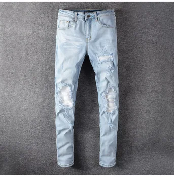 2021 Naujas Vyrų vyrų šviesiai šviesiai mėlyna balta plisuotos kratinys džinsai Mados plonas liesas skylių kankina ruožas džinsinio audinio kelnės kelnės