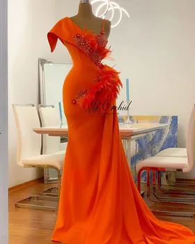 PEORCHID Satino Orange Plunksnos Undinė Vakaro Suknelės Nėriniai Dubajus LadiesSexy Ilgai Oficialų Suknelė Šaliai, Skraistės Soiree Femme 2020 m.